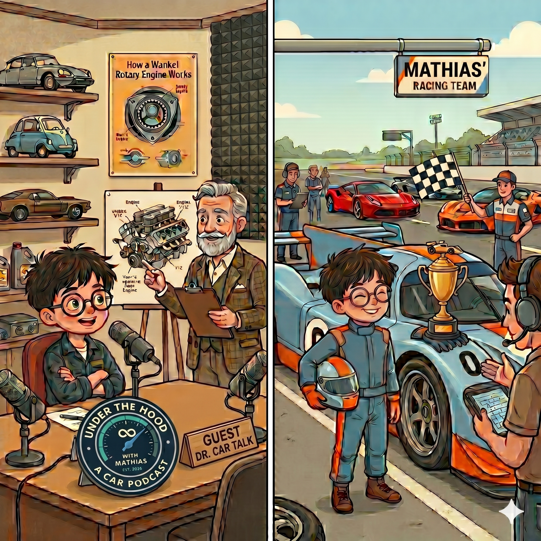 Under the Hood with Mathias — split scene: Mathias interviewing a car expert on the podcast, and Mathias in a racing suit at the track with the MEEZO Racing Team